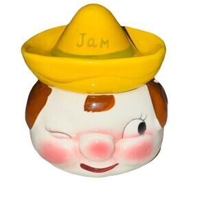 50s Vintage Anthropomorphic Napco Ceramic Jam Jar‎ Winking Country Boy Kitschy